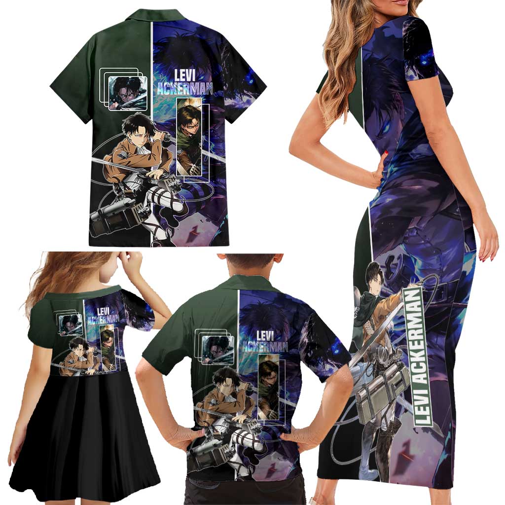 Levi Ackerman from Attack on Titan Family Matching Short Sleeve Bodycon Dress and Hawaiian Shirt with Dynamic Poses and Green Background Design - The Mazicc