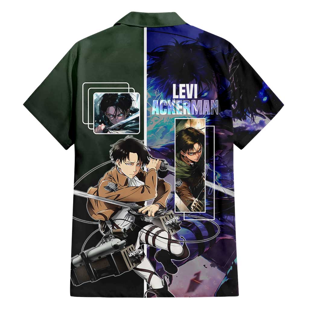 Levi Ackerman from Attack on Titan Family Matching Short Sleeve Bodycon Dress and Hawaiian Shirt with Dynamic Poses and Green Background Design - The Mazicc