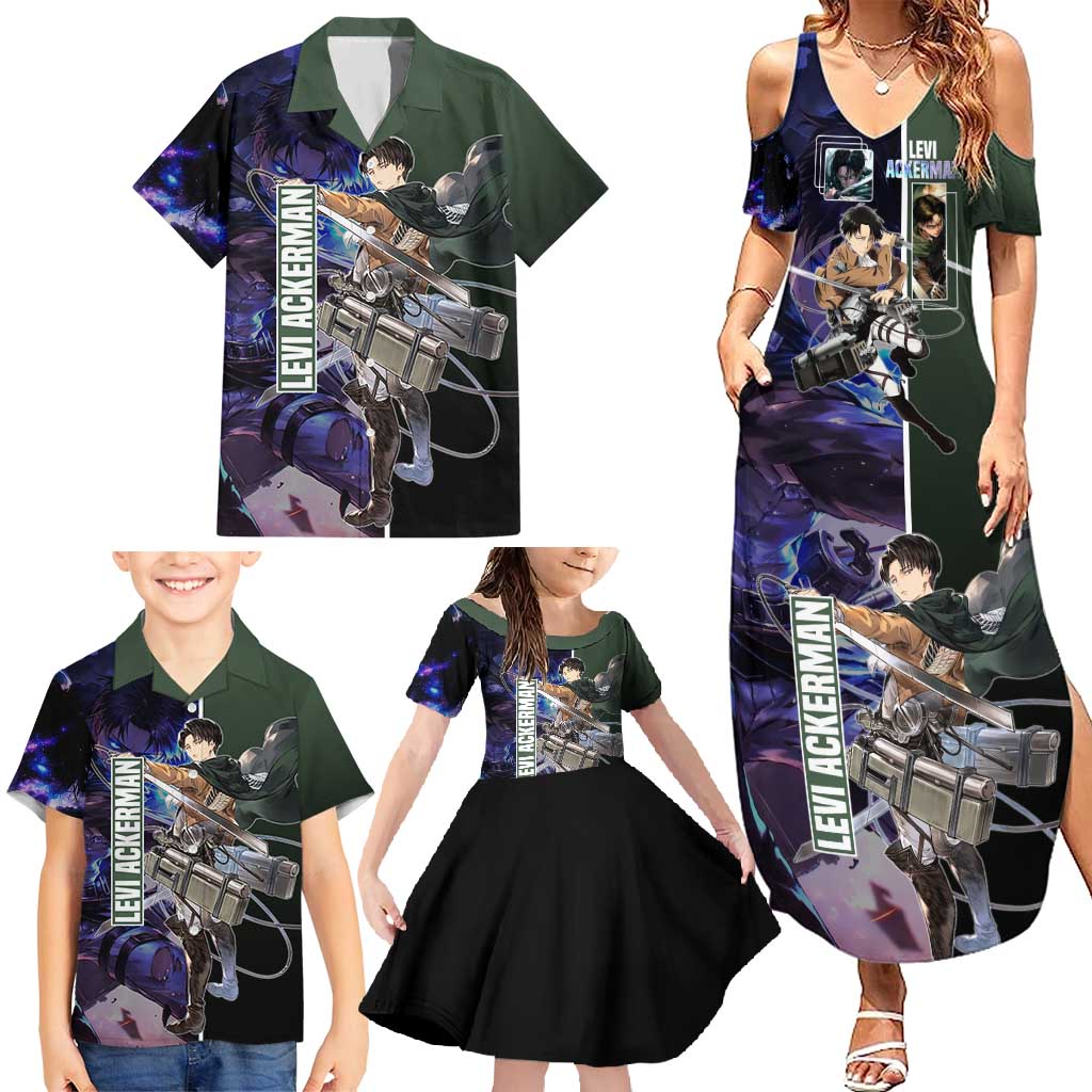 Levi Ackerman from Attack on Titan Family Matching Summer Maxi Dress and Hawaiian Shirt with Dynamic Poses and Green Background Design - The Mazicc