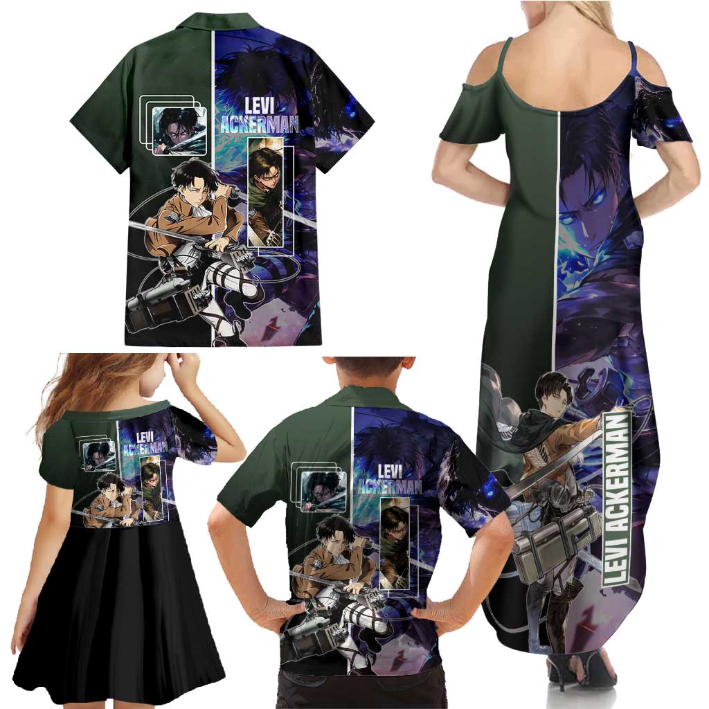 Levi Ackerman from Attack on Titan Family Matching Summer Maxi Dress and Hawaiian Shirt with Dynamic Poses and Green Background Design - The Mazicc