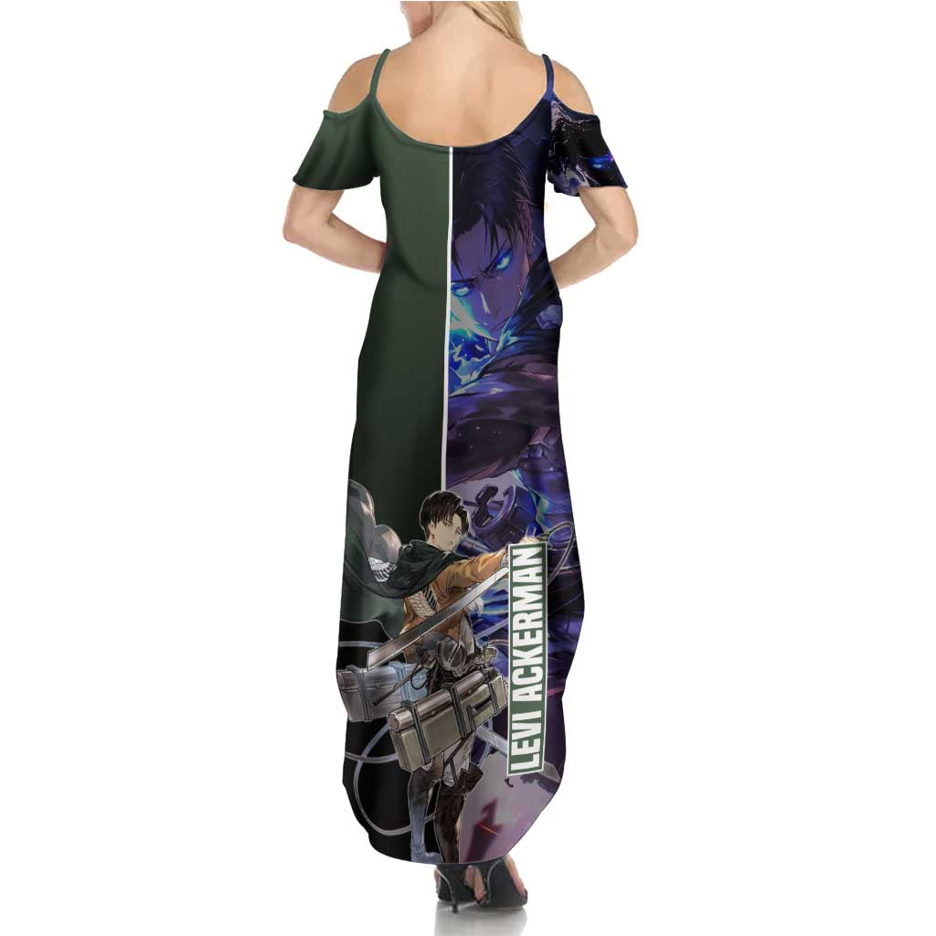 Levi Ackerman from Attack on Titan Family Matching Summer Maxi Dress and Hawaiian Shirt with Dynamic Poses and Green Background Design - The Mazicc