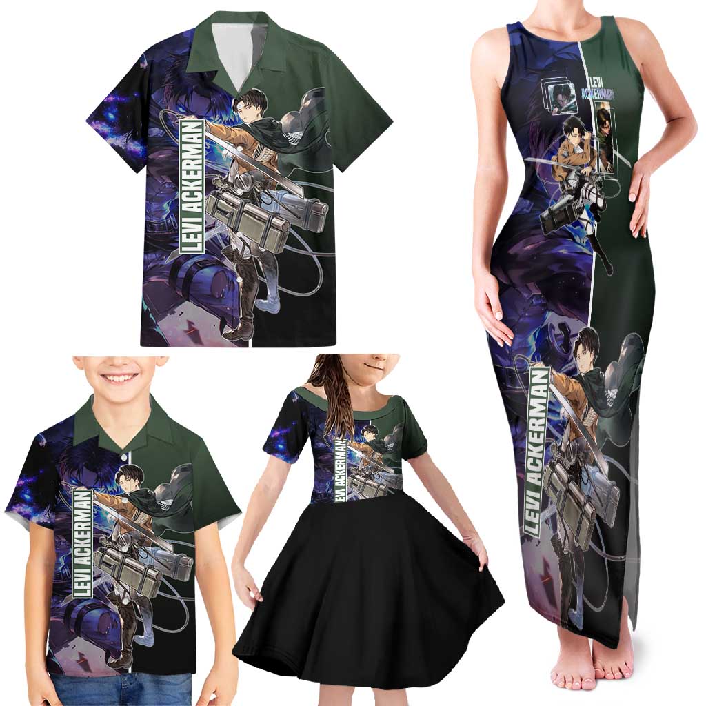 Levi Ackerman from Attack on Titan Family Matching Tank Maxi Dress and Hawaiian Shirt with Dynamic Poses and Green Background Design - The Mazicc