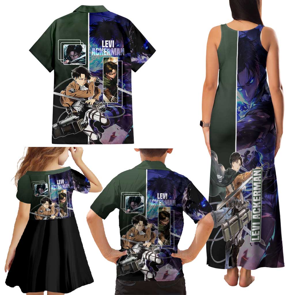 Levi Ackerman from Attack on Titan Family Matching Tank Maxi Dress and Hawaiian Shirt with Dynamic Poses and Green Background Design - The Mazicc