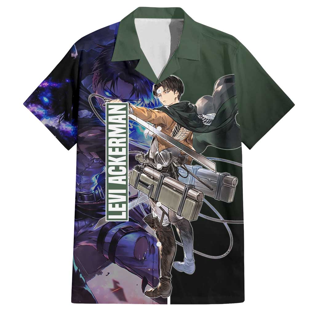 Levi Ackerman from Attack on Titan Family Matching Tank Maxi Dress and Hawaiian Shirt with Dynamic Poses and Green Background Design - The Mazicc