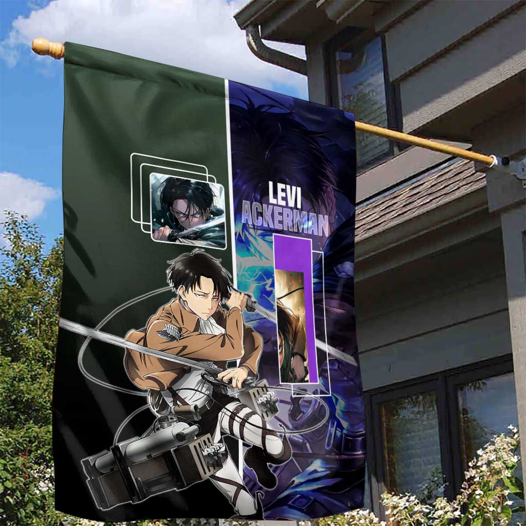 Levi Ackerman from Attack on Titan Garden Flag with Dynamic Poses and Green Background Design - The Mazicc