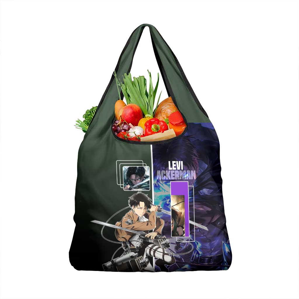 Levi Ackerman from Attack on Titan Grocery Bag with Dynamic Poses and Green Background Design - The Mazicc