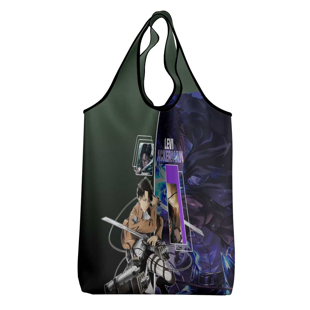 Levi Ackerman from Attack on Titan Grocery Bag with Dynamic Poses and Green Background Design - The Mazicc
