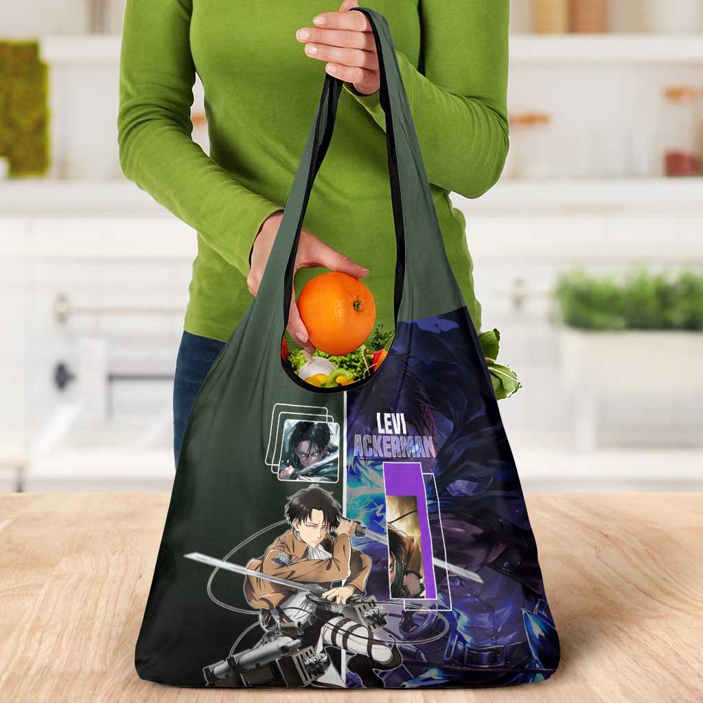 Levi Ackerman from Attack on Titan Grocery Bag with Dynamic Poses and Green Background Design - The Mazicc