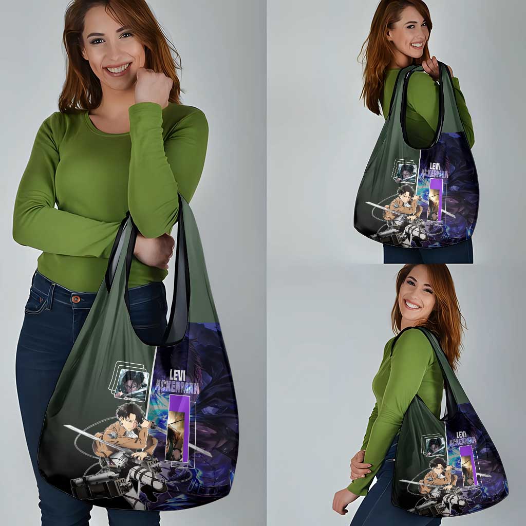 Levi Ackerman from Attack on Titan Grocery Bag with Dynamic Poses and Green Background Design - The Mazicc