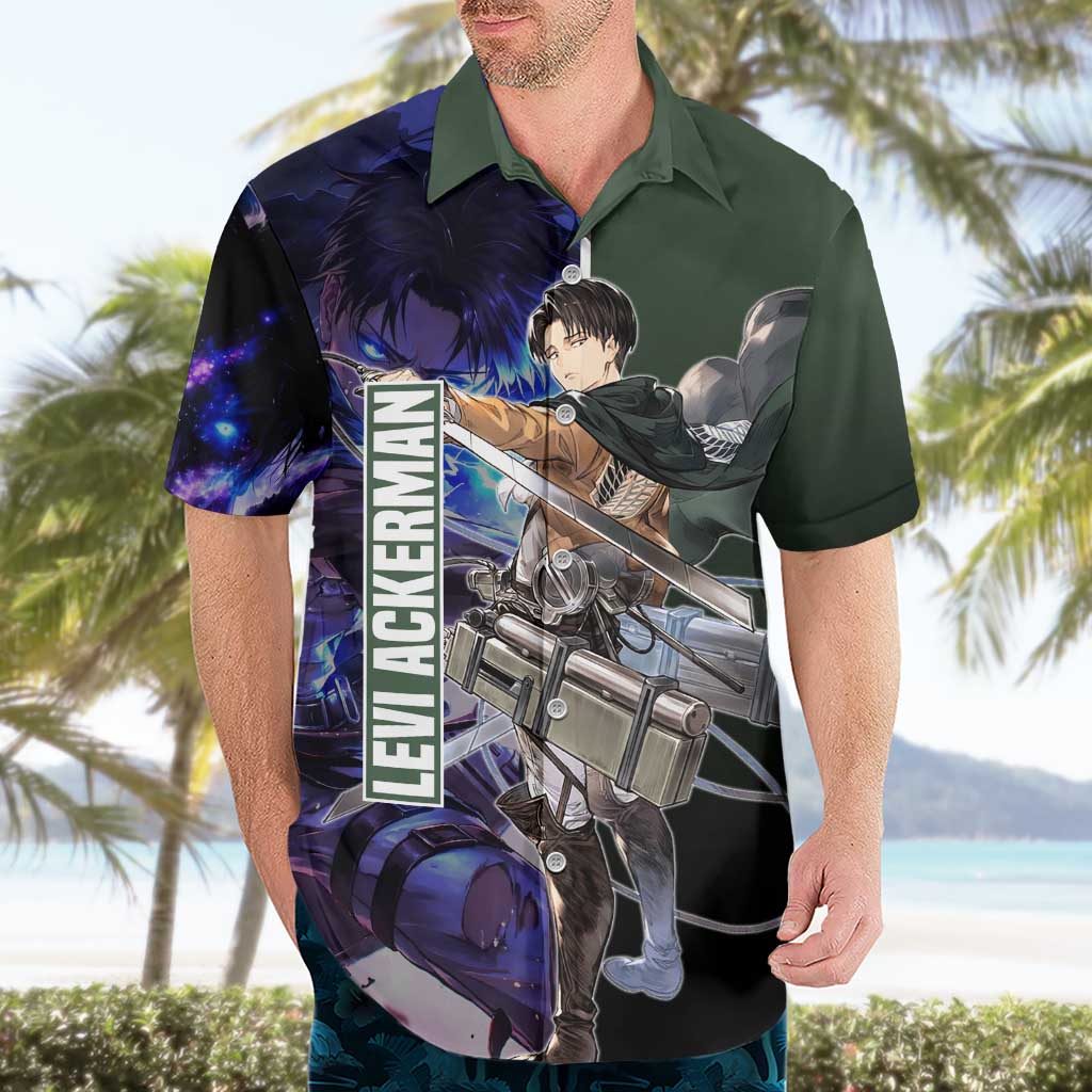 Levi Ackerman from Attack on Titan Hawaiian Shirt with Dynamic Poses and Green Background Design - The Mazicc