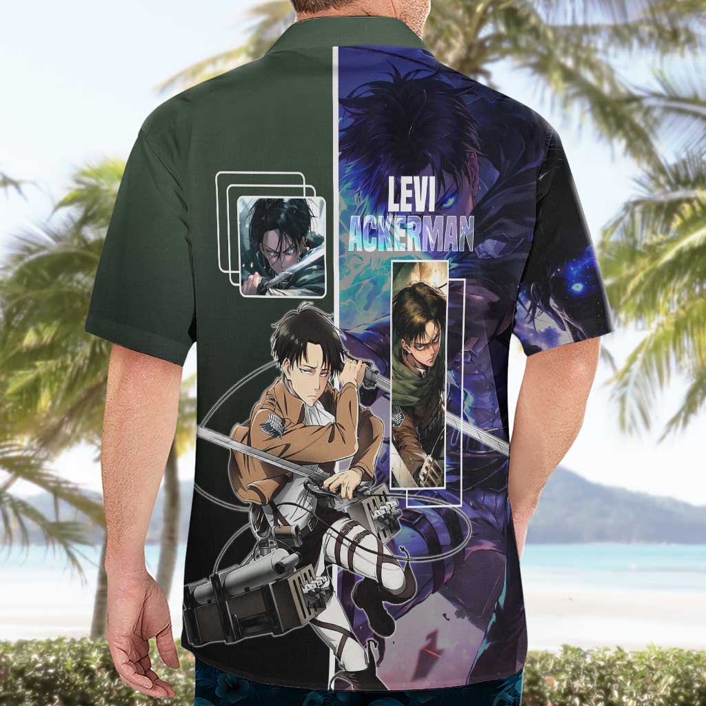 Levi Ackerman from Attack on Titan Hawaiian Shirt with Dynamic Poses and Green Background Design - The Mazicc