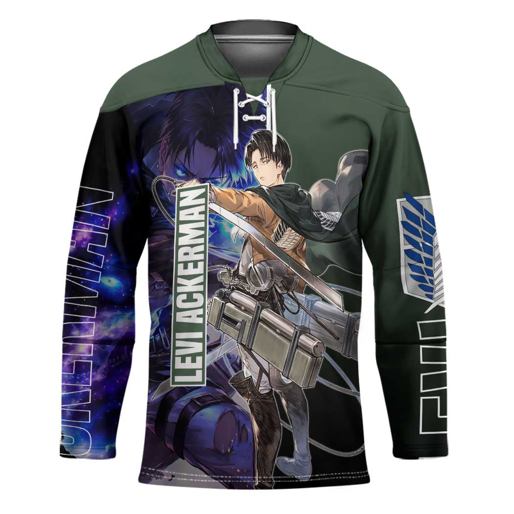 Levi Ackerman from Attack on Titan Hockey Jersey with Dynamic Poses and Green Background Design - The Mazicc