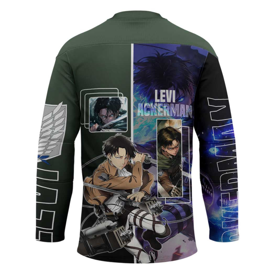 Levi Ackerman from Attack on Titan Hockey Jersey with Dynamic Poses and Green Background Design - The Mazicc