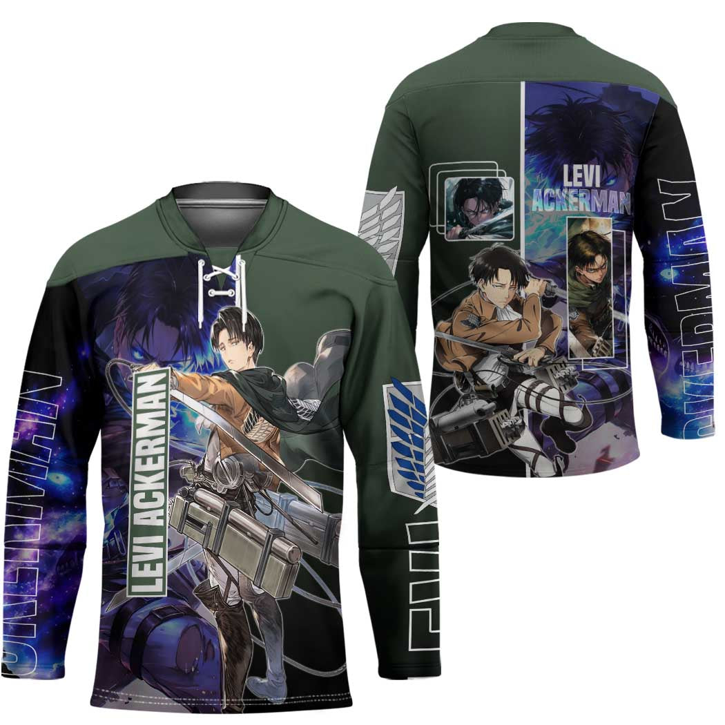 Levi Ackerman from Attack on Titan Hockey Jersey with Dynamic Poses and Green Background Design - The Mazicc