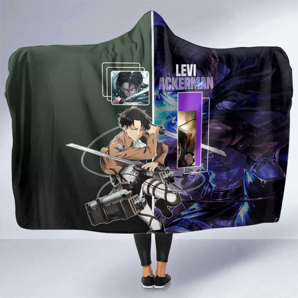 Levi Ackerman from Attack on Titan Hooded Blanket with Dynamic Poses and Green Background Design - The Mazicc