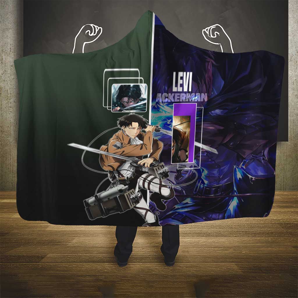 Levi Ackerman from Attack on Titan Hooded Blanket with Dynamic Poses and Green Background Design - The Mazicc