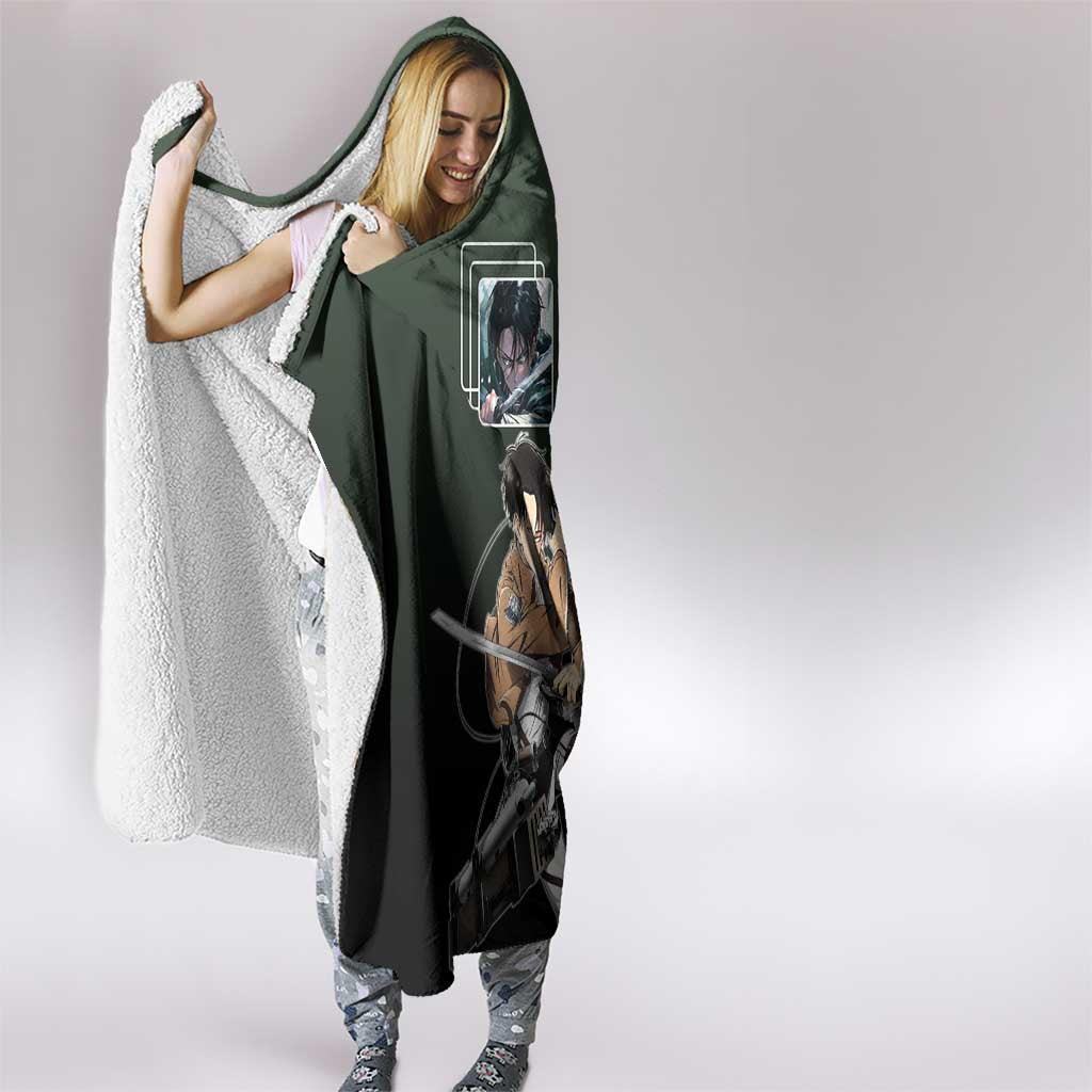 Levi Ackerman from Attack on Titan Hooded Blanket with Dynamic Poses and Green Background Design - The Mazicc