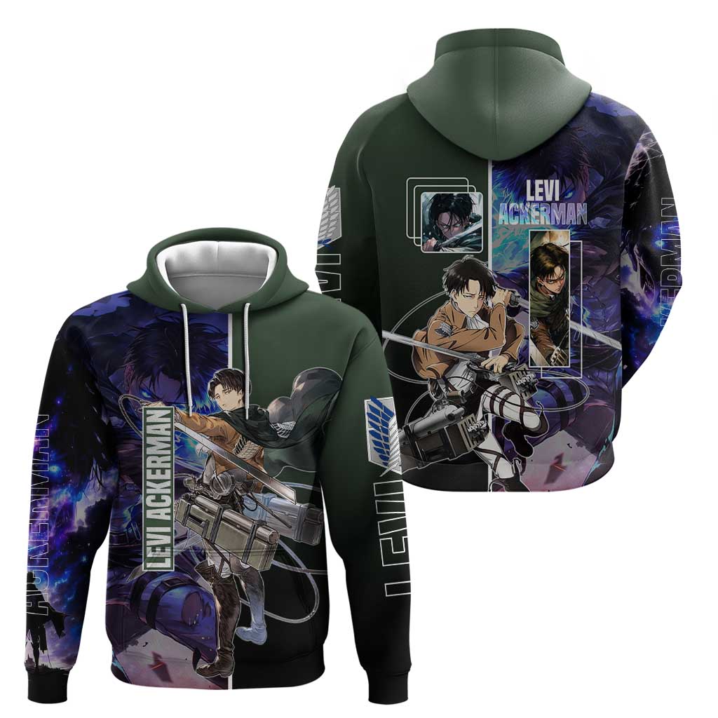Levi Ackerman from Attack on Titan Hoodie with Dynamic Poses and Green Background Design - The Mazicc