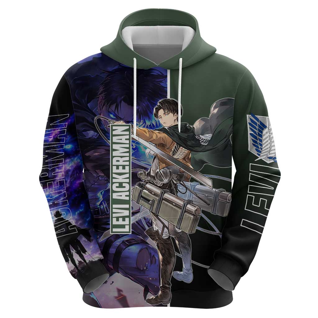 Levi Ackerman from Attack on Titan Hoodie with Dynamic Poses and Green Background Design - The Mazicc