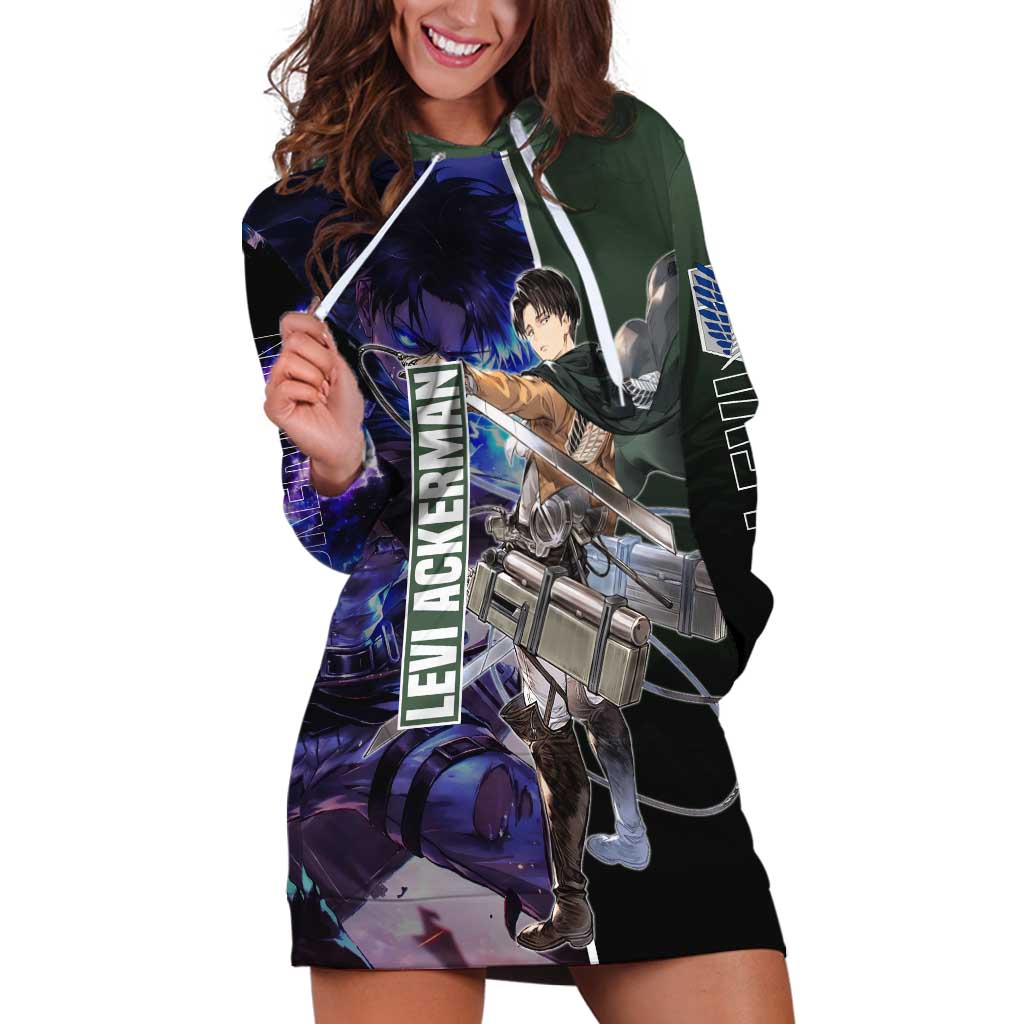 Levi Ackerman from Attack on Titan Hoodie Dress with Dynamic Poses and Green Background Design - The Mazicc