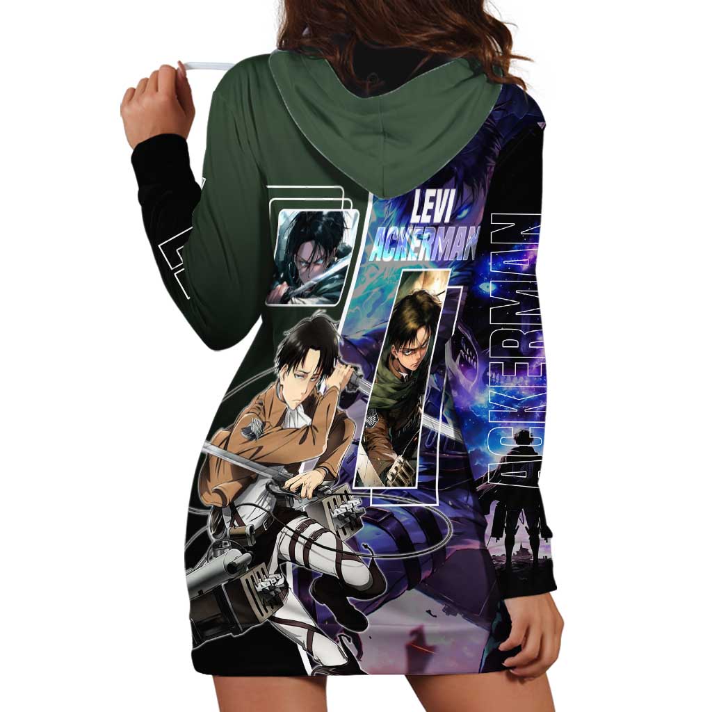 Levi Ackerman from Attack on Titan Hoodie Dress with Dynamic Poses and Green Background Design - The Mazicc