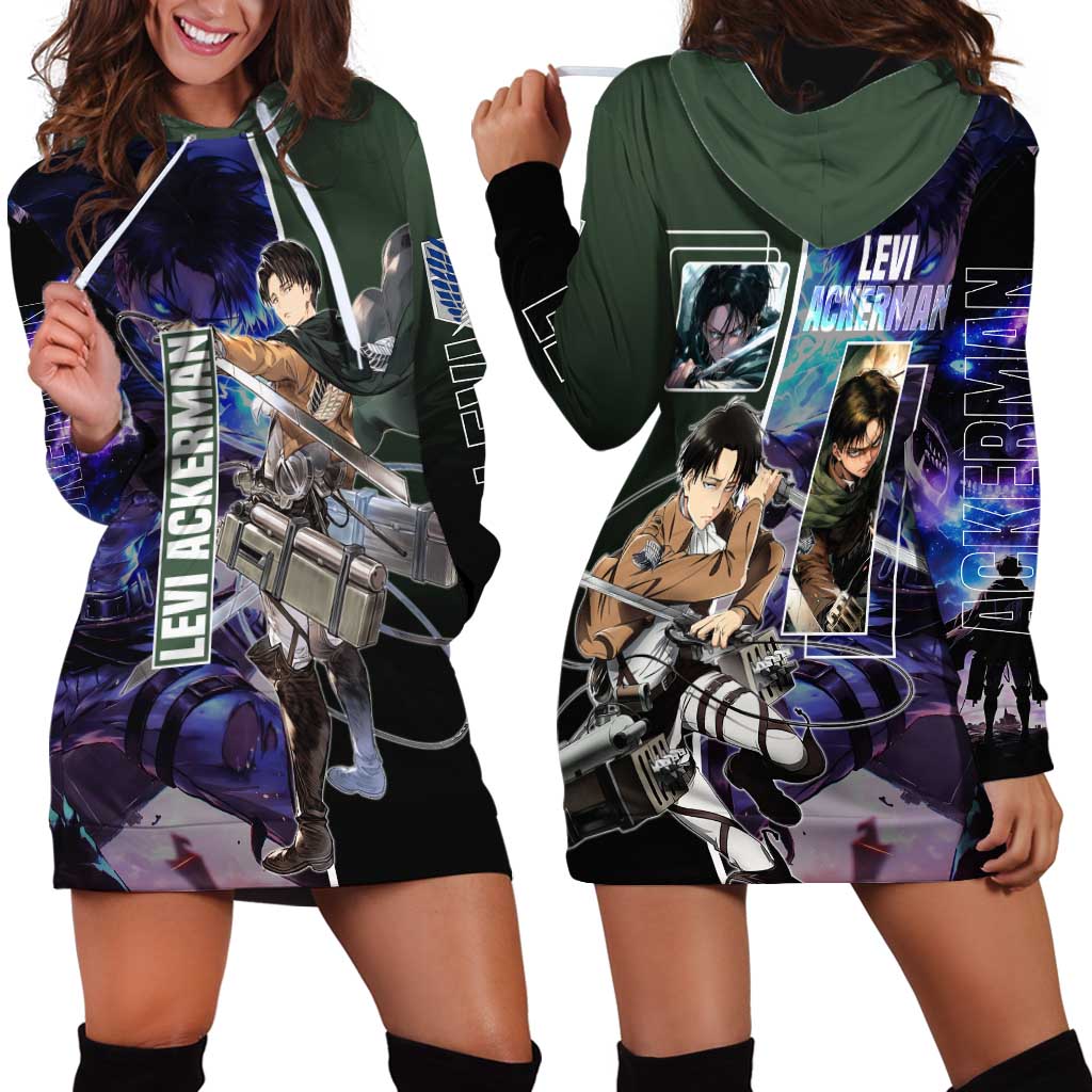 Levi Ackerman from Attack on Titan Hoodie Dress with Dynamic Poses and Green Background Design - The Mazicc
