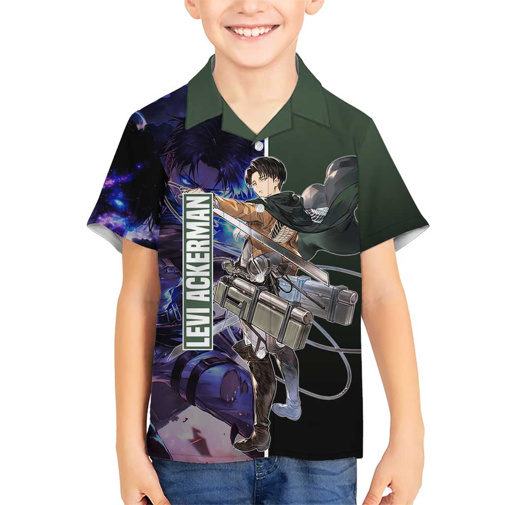 Levi Ackerman from Attack on Titan Kid Hawaiian Shirt with Dynamic Poses and Green Background Design - The Mazicc