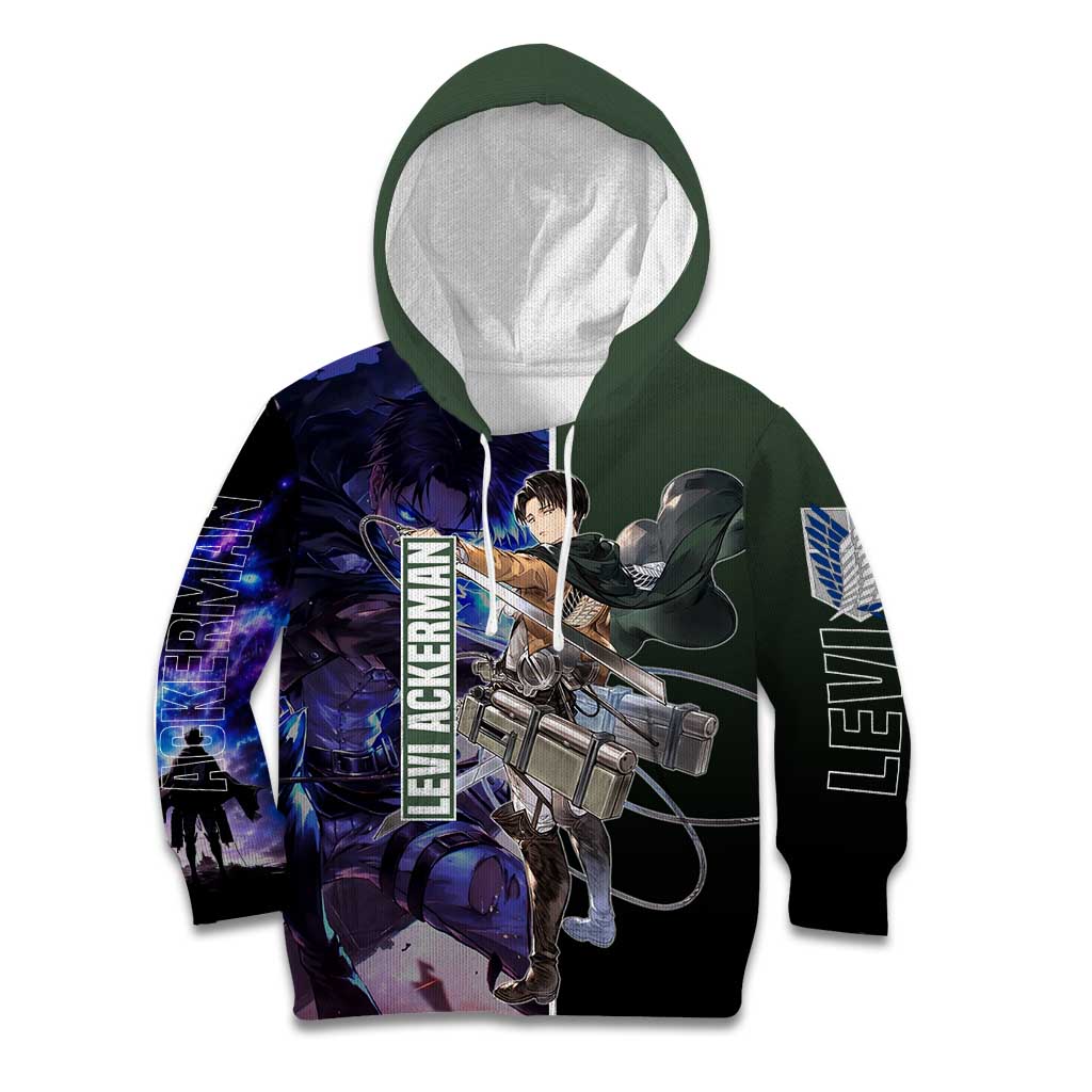 Levi Ackerman from Attack on Titan Kid Hoodie with Dynamic Poses and Green Background Design - The Mazicc