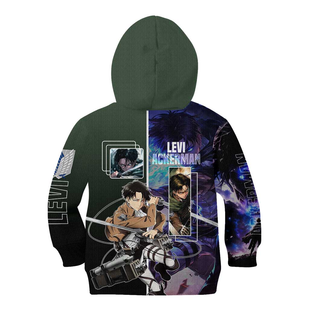 Levi Ackerman from Attack on Titan Kid Hoodie with Dynamic Poses and Green Background Design - The Mazicc