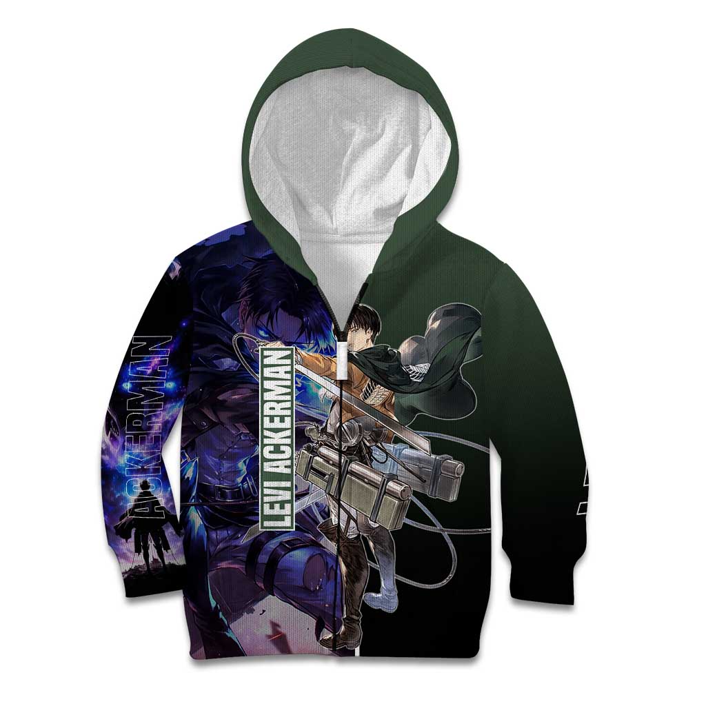 Levi Ackerman from Attack on Titan Kid Hoodie with Dynamic Poses and Green Background Design - The Mazicc