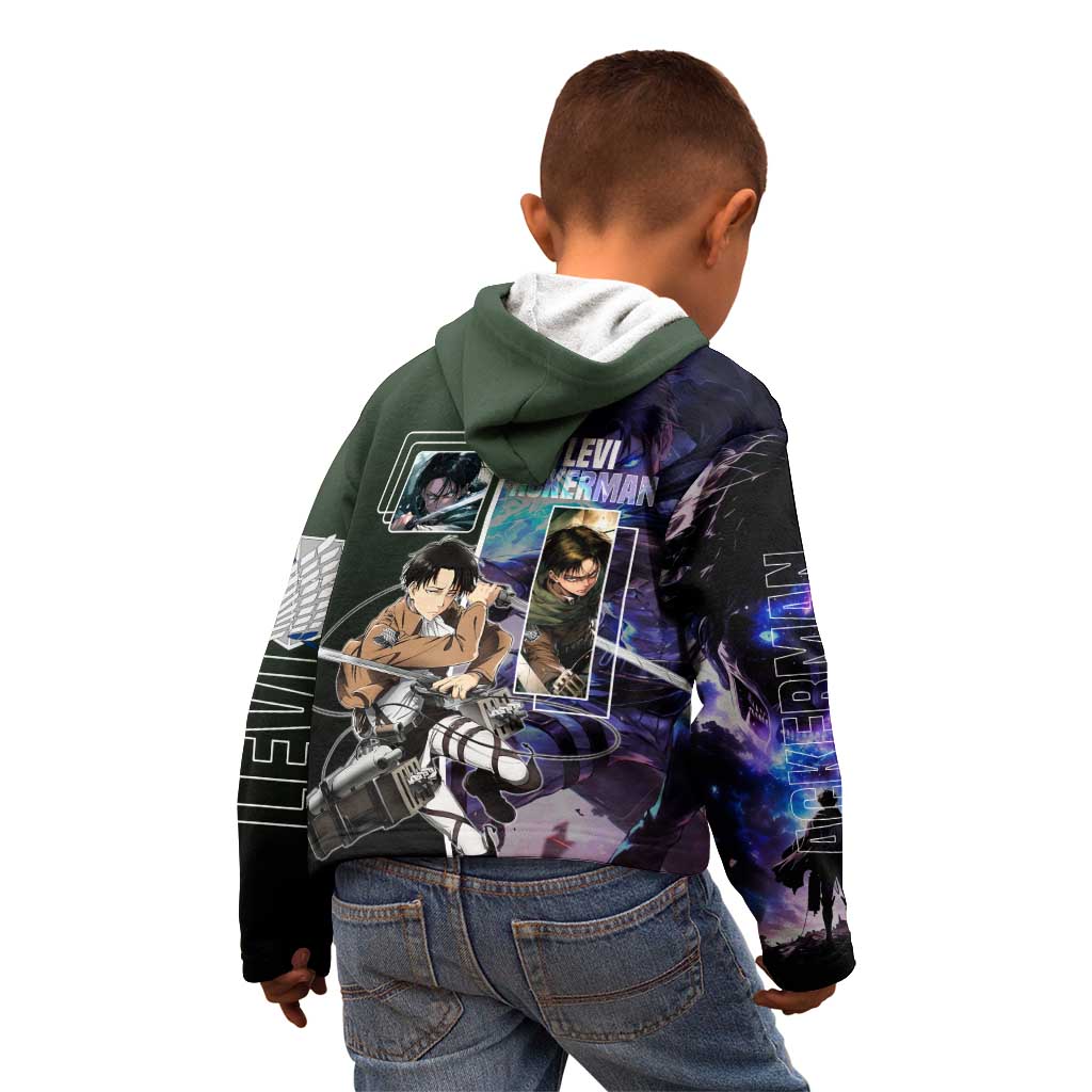 Levi Ackerman from Attack on Titan Kid Hoodie with Dynamic Poses and Green Background Design - The Mazicc