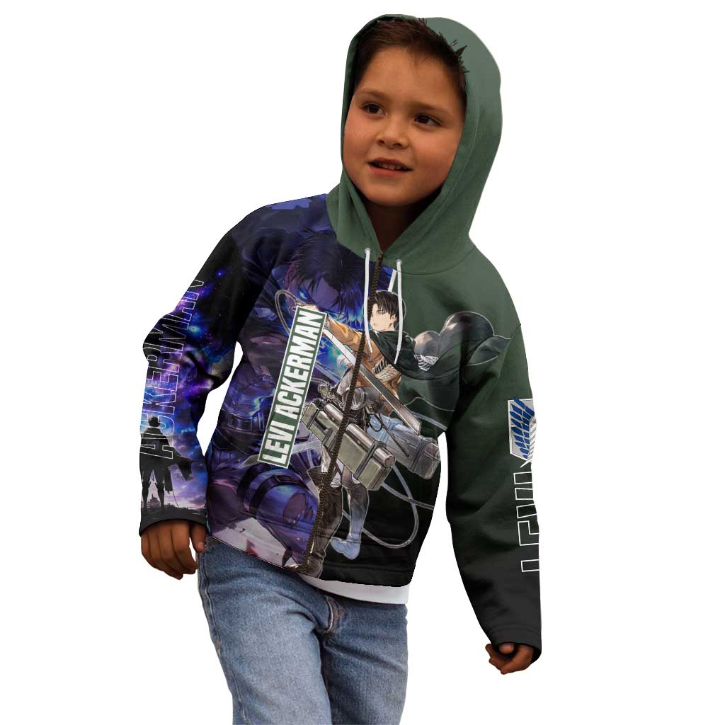 Levi Ackerman from Attack on Titan Kid Hoodie with Dynamic Poses and Green Background Design - The Mazicc
