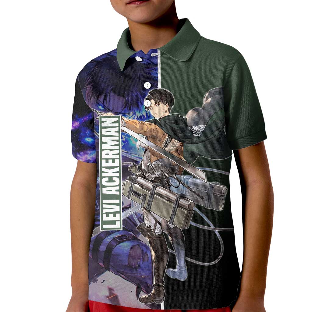 Levi Ackerman from Attack on Titan Kid Polo Shirt with Dynamic Poses and Green Background Design - The Mazicc