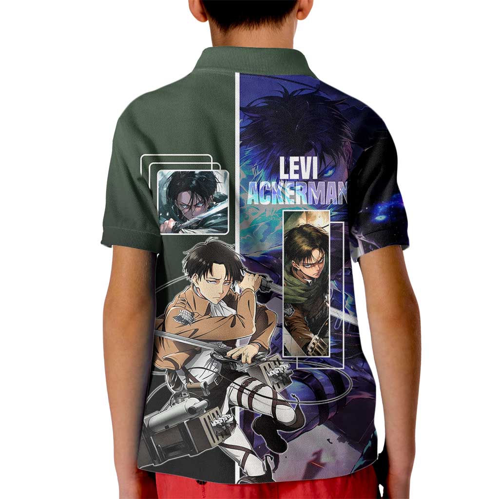 Levi Ackerman from Attack on Titan Kid Polo Shirt with Dynamic Poses and Green Background Design - The Mazicc