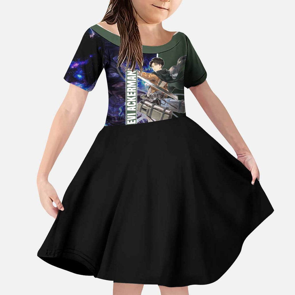 Levi Ackerman from Attack on Titan Kid Short Sleeve Dress with Dynamic Poses and Green Background Design - The Mazicc