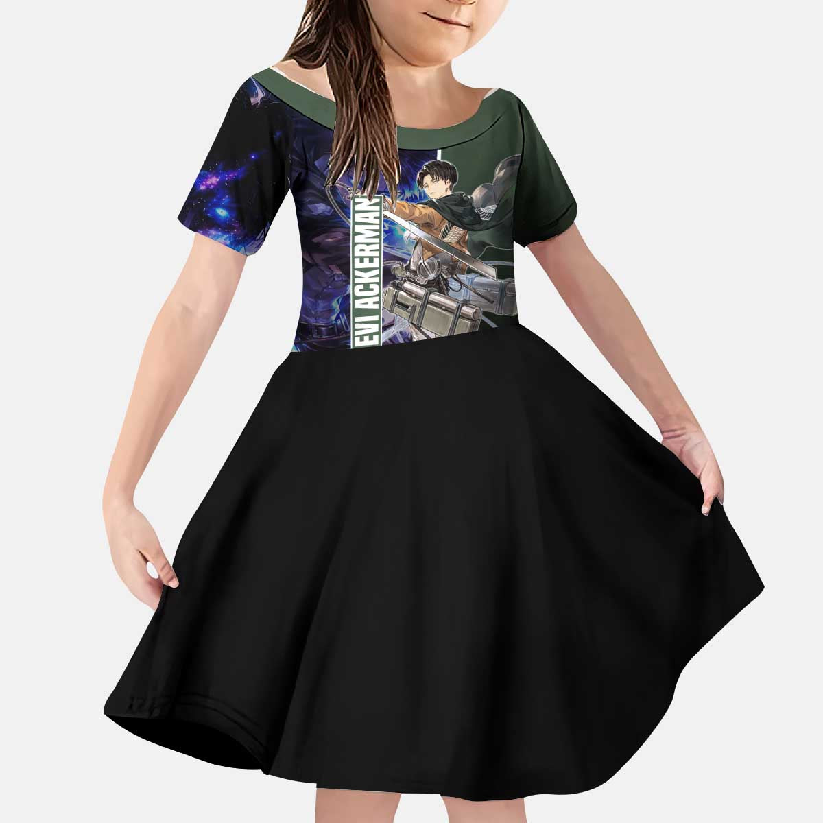 Levi Ackerman from Attack on Titan Kid Short Sleeve Dress with Dynamic Poses and Green Background Design - The Mazicc