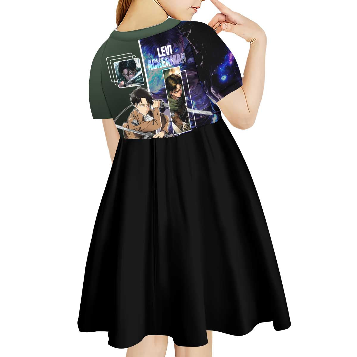 Levi Ackerman from Attack on Titan Kid Short Sleeve Dress with Dynamic Poses and Green Background Design - The Mazicc