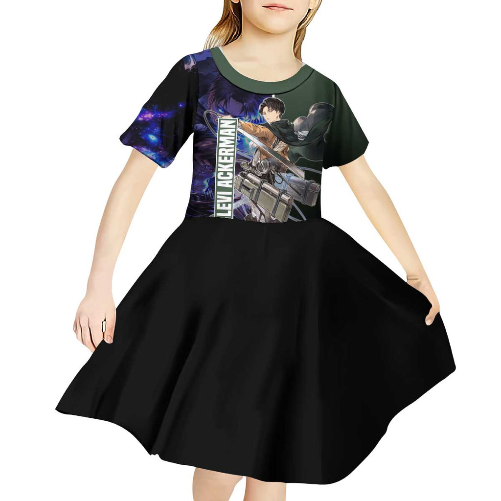 Levi Ackerman from Attack on Titan Kid Short Sleeve Dress with Dynamic Poses and Green Background Design - The Mazicc