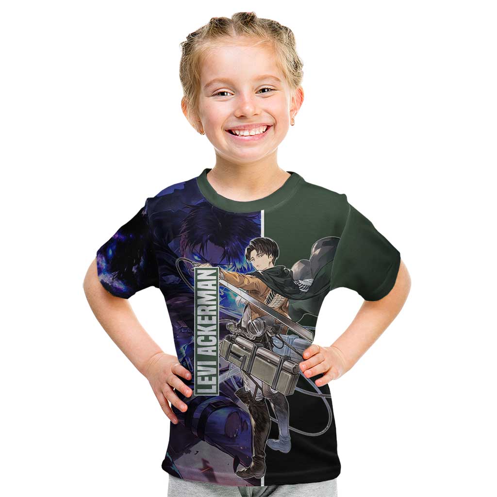 Levi Ackerman from Attack on Titan Kid T Shirt with Dynamic Poses and Green Background Design - The Mazicc