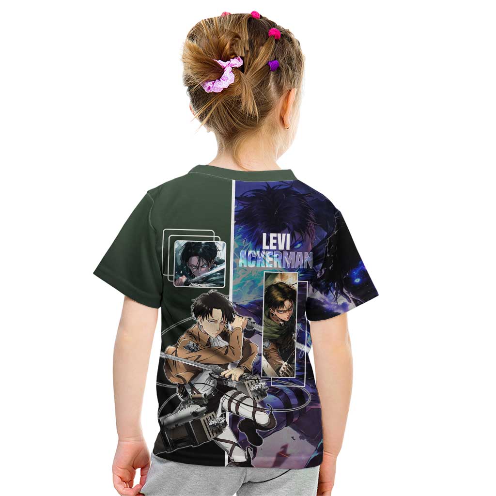 Levi Ackerman from Attack on Titan Kid T Shirt with Dynamic Poses and Green Background Design - The Mazicc