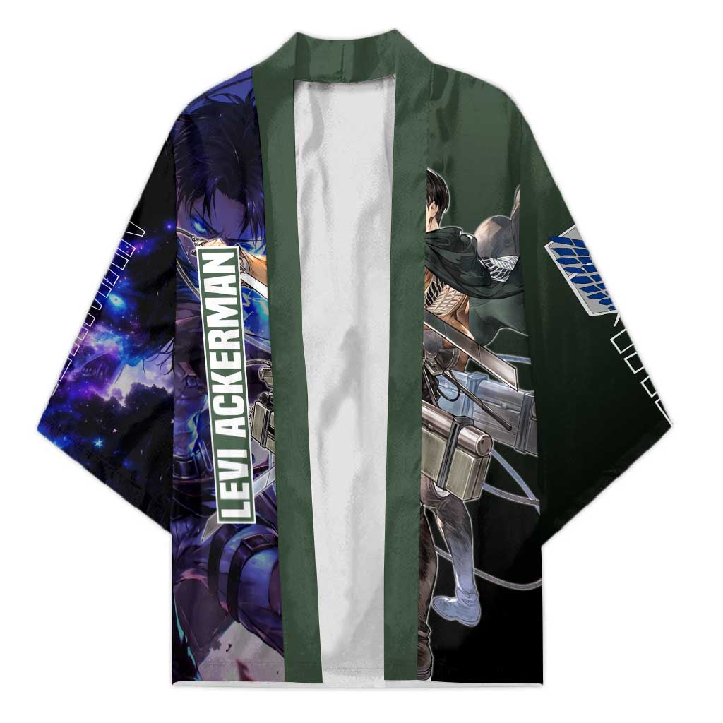 Levi Ackerman from Attack on Titan Kimono with Dynamic Poses and Green Background Design - The Mazicc