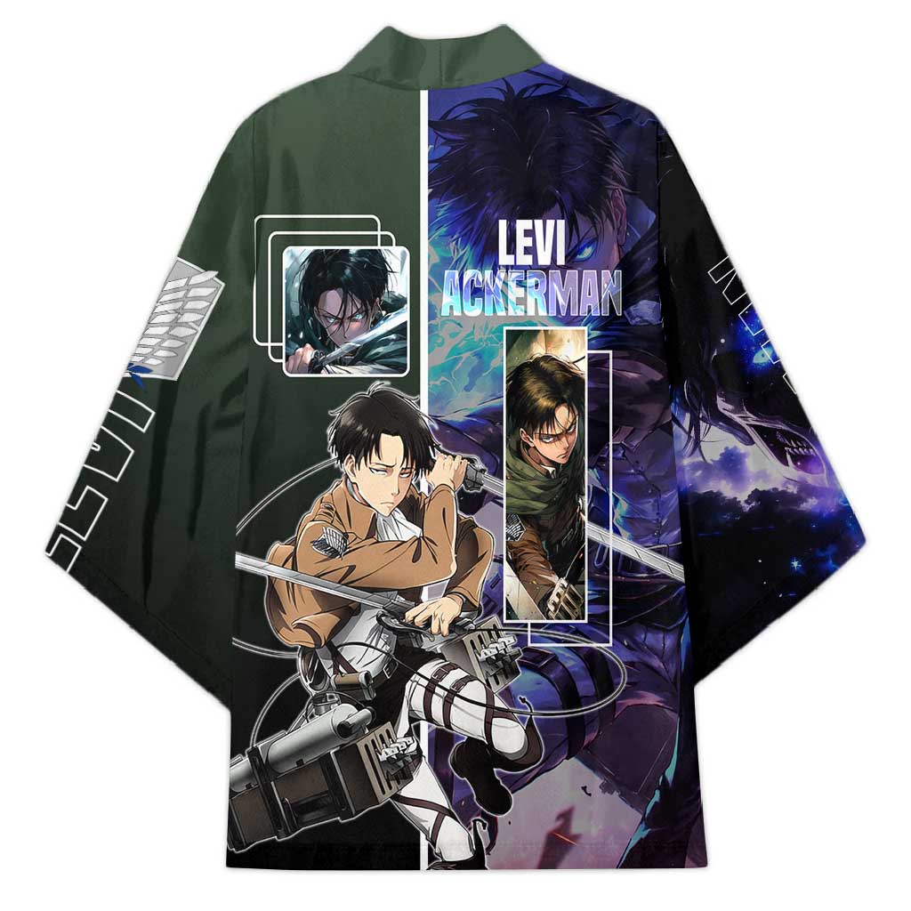 Levi Ackerman from Attack on Titan Kimono with Dynamic Poses and Green Background Design - The Mazicc