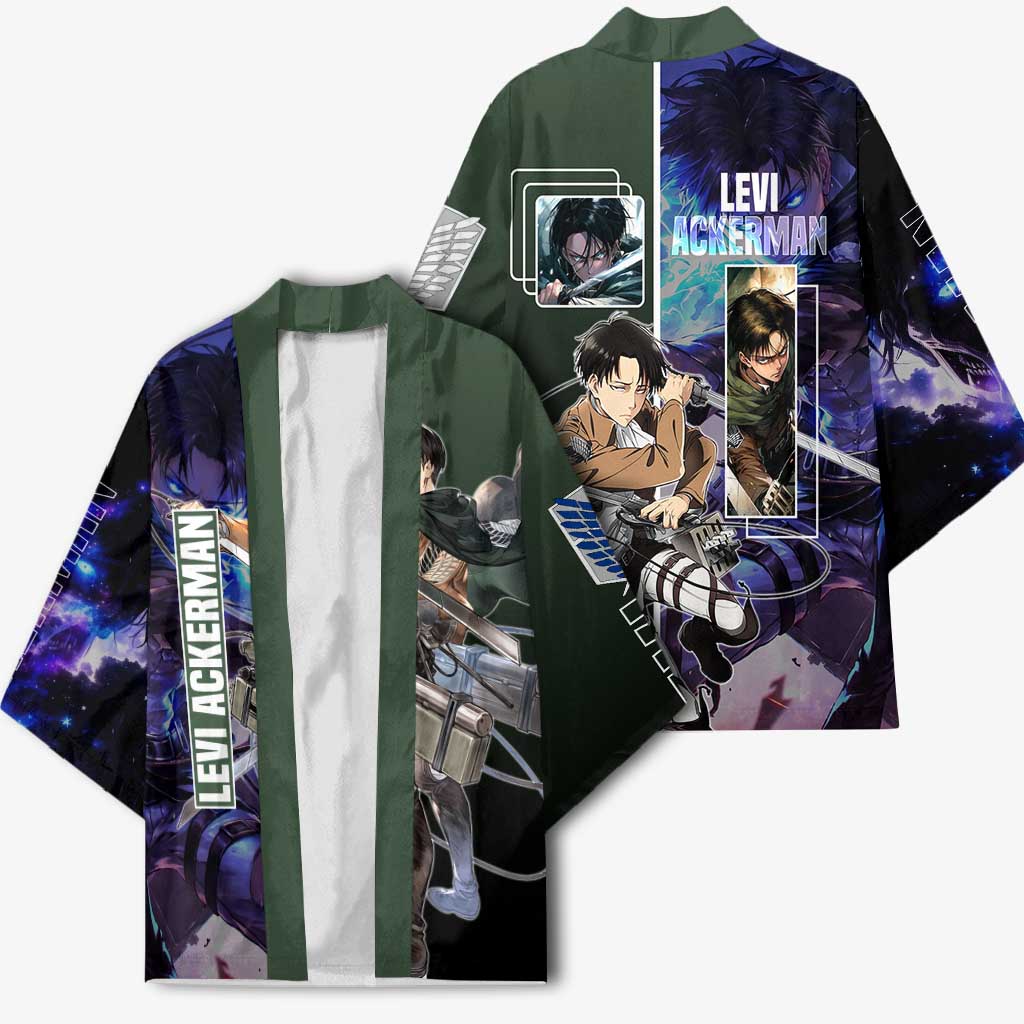 Levi Ackerman from Attack on Titan Kimono with Dynamic Poses and Green Background Design - The Mazicc