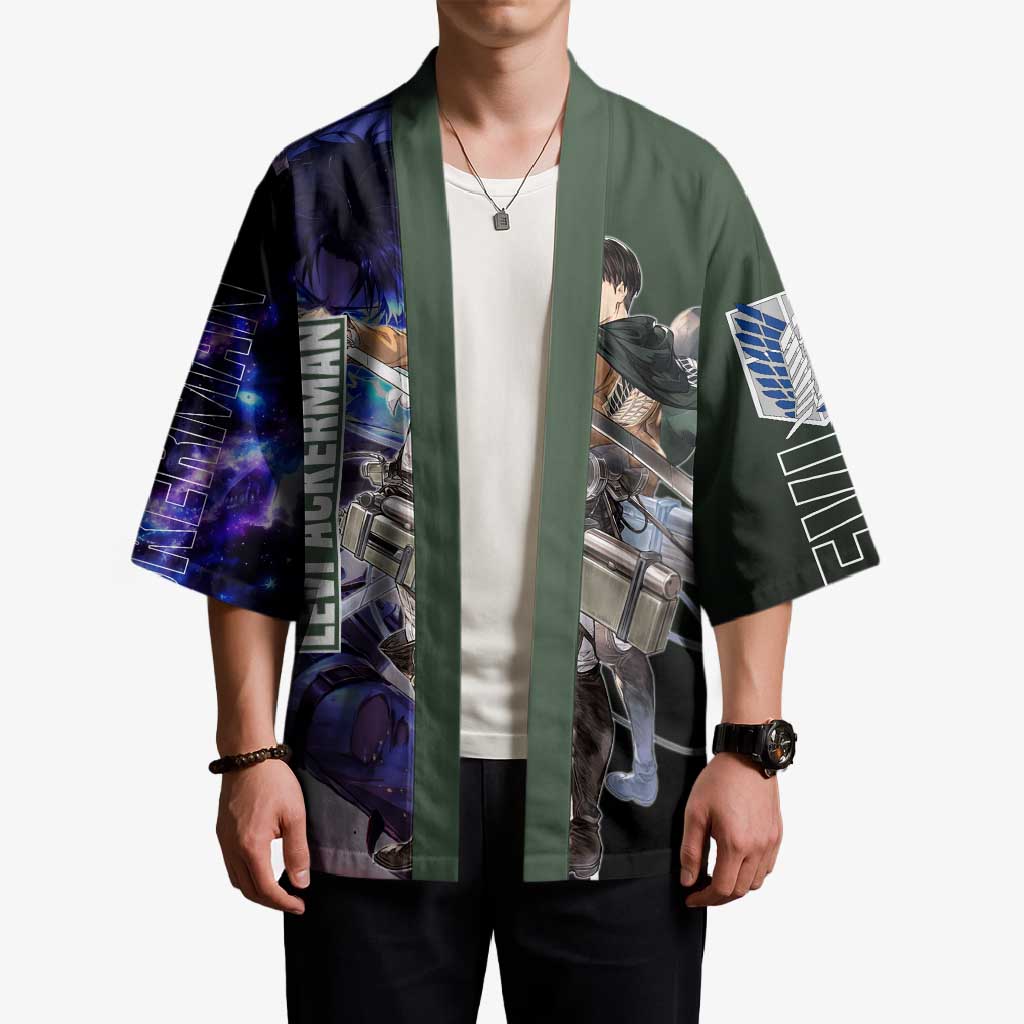 Levi Ackerman from Attack on Titan Kimono with Dynamic Poses and Green Background Design - The Mazicc