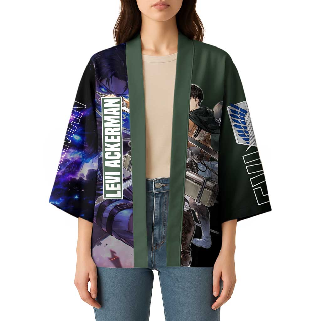 Levi Ackerman from Attack on Titan Kimono with Dynamic Poses and Green Background Design - The Mazicc