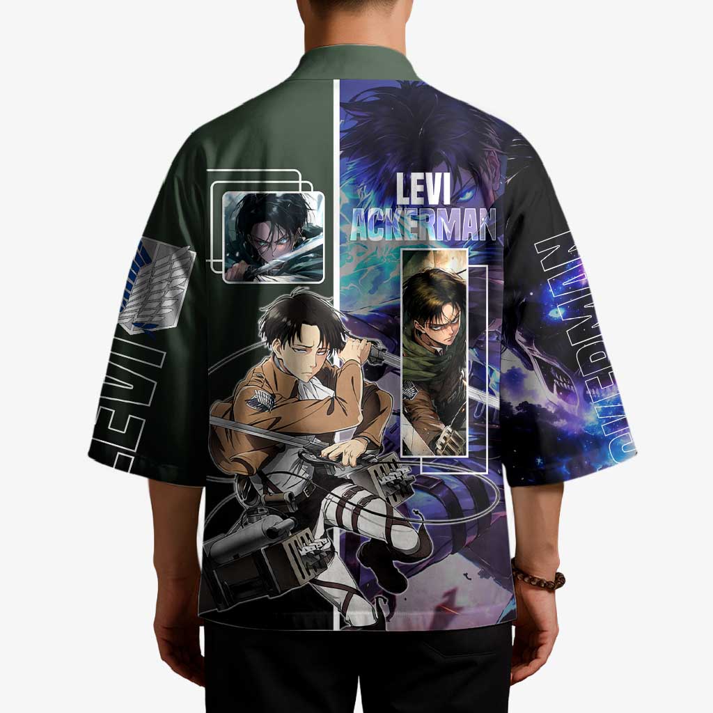 Levi Ackerman from Attack on Titan Kimono with Dynamic Poses and Green Background Design - The Mazicc