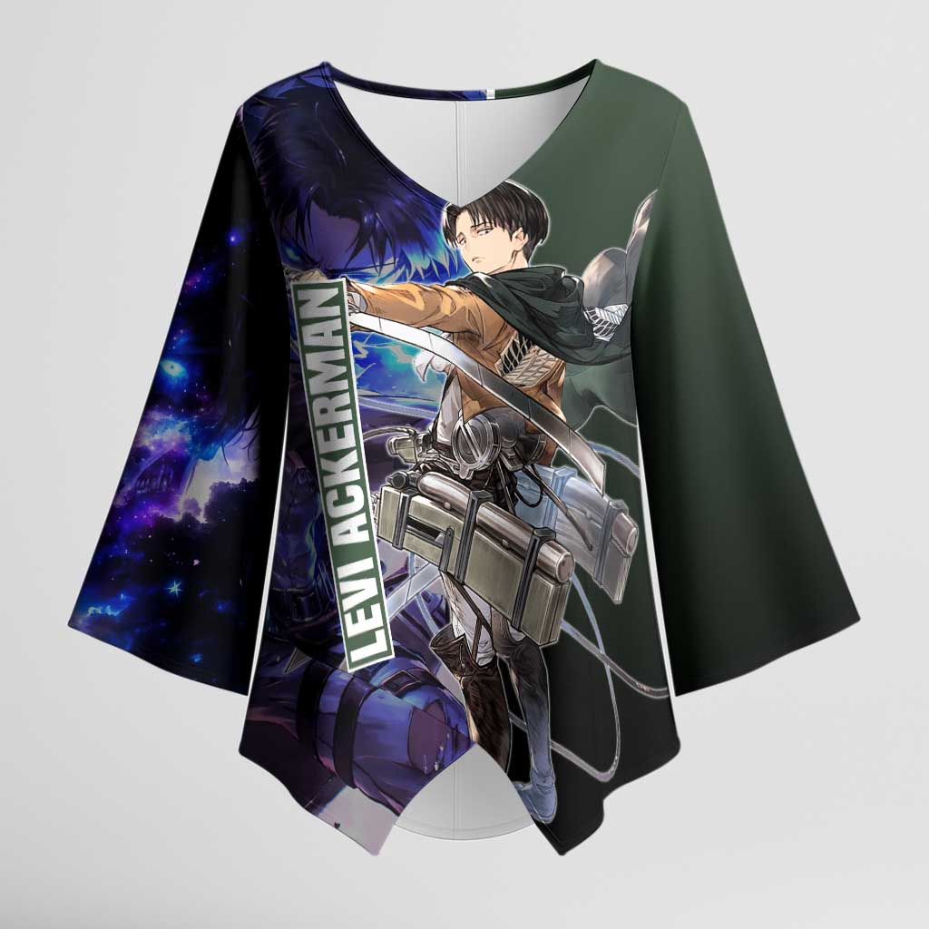Levi Ackerman from Attack on Titan Kimono Sleeve Blouse with Dynamic Poses and Green Background Design - The Mazicc