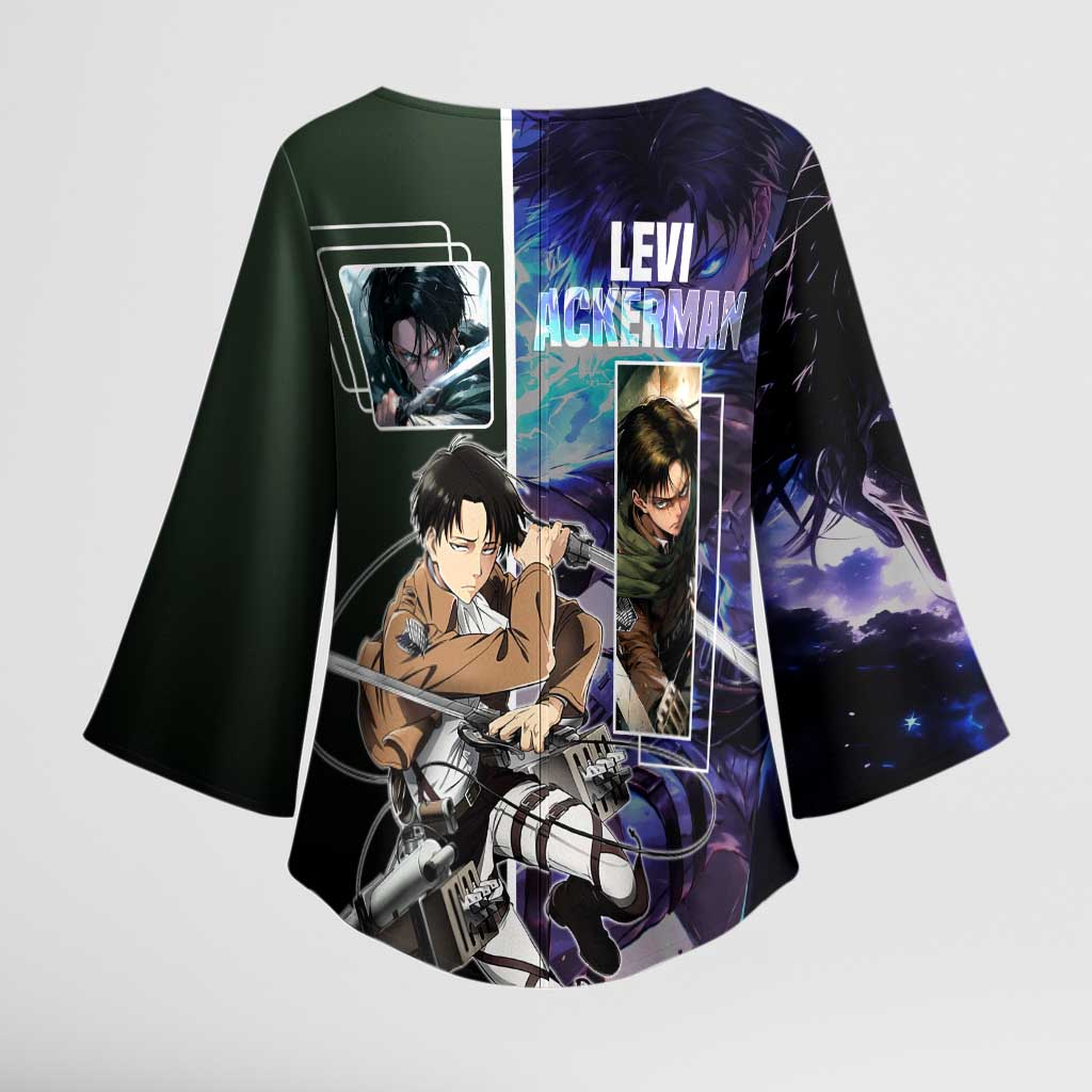 Levi Ackerman from Attack on Titan Kimono Sleeve Blouse with Dynamic Poses and Green Background Design - The Mazicc