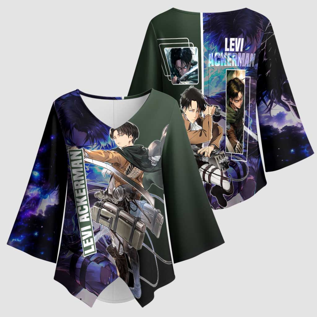 Levi Ackerman from Attack on Titan Kimono Sleeve Blouse with Dynamic Poses and Green Background Design - The Mazicc
