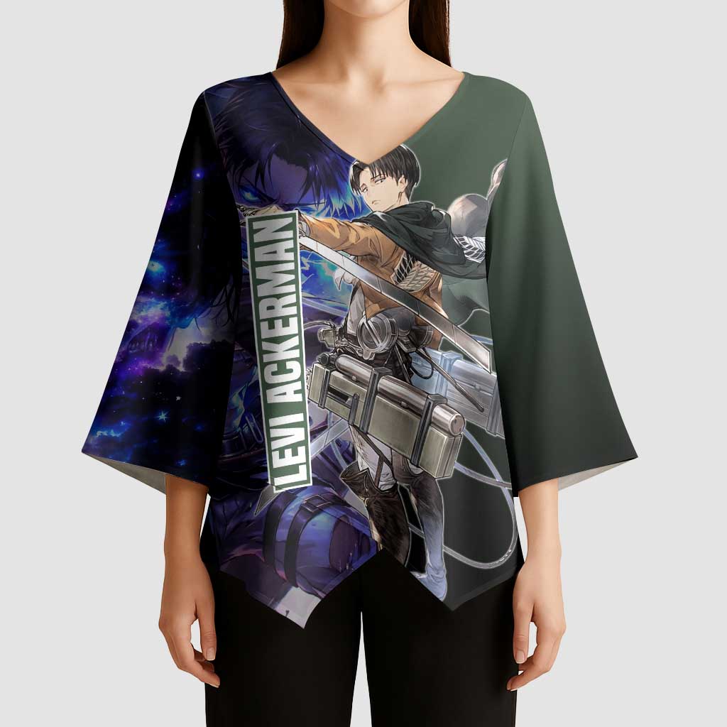 Levi Ackerman from Attack on Titan Kimono Sleeve Blouse with Dynamic Poses and Green Background Design - The Mazicc